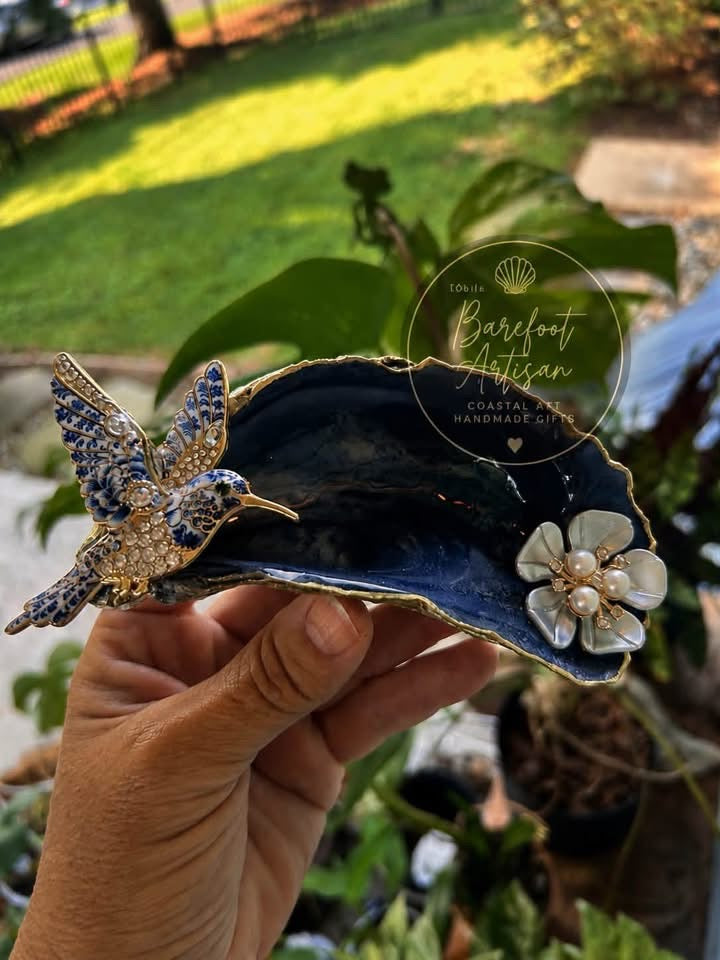 Blue Hummingbird — Highly Embellished Oyster Shell