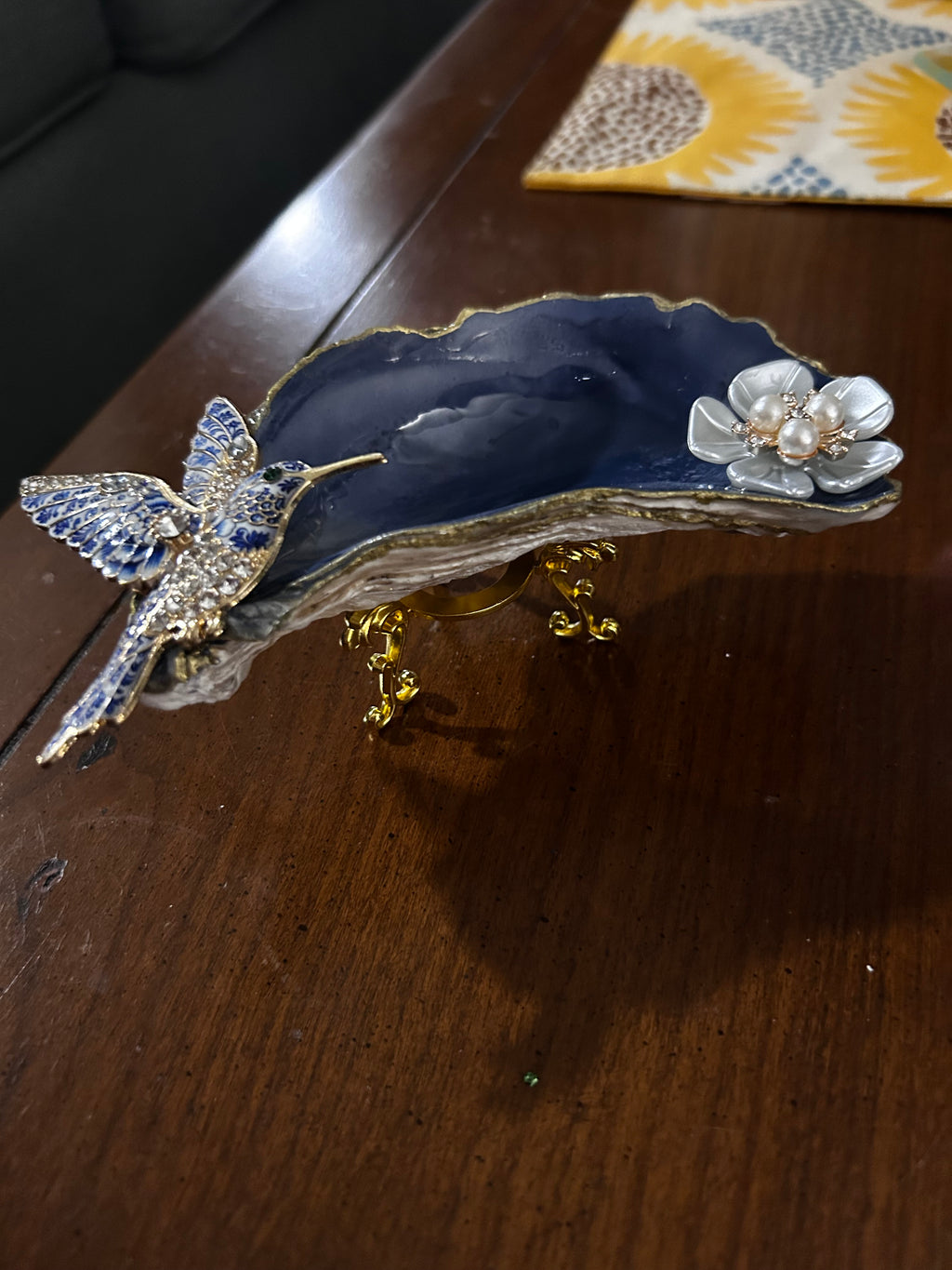 Blue Hummingbird — Highly Embellished Oyster Shell