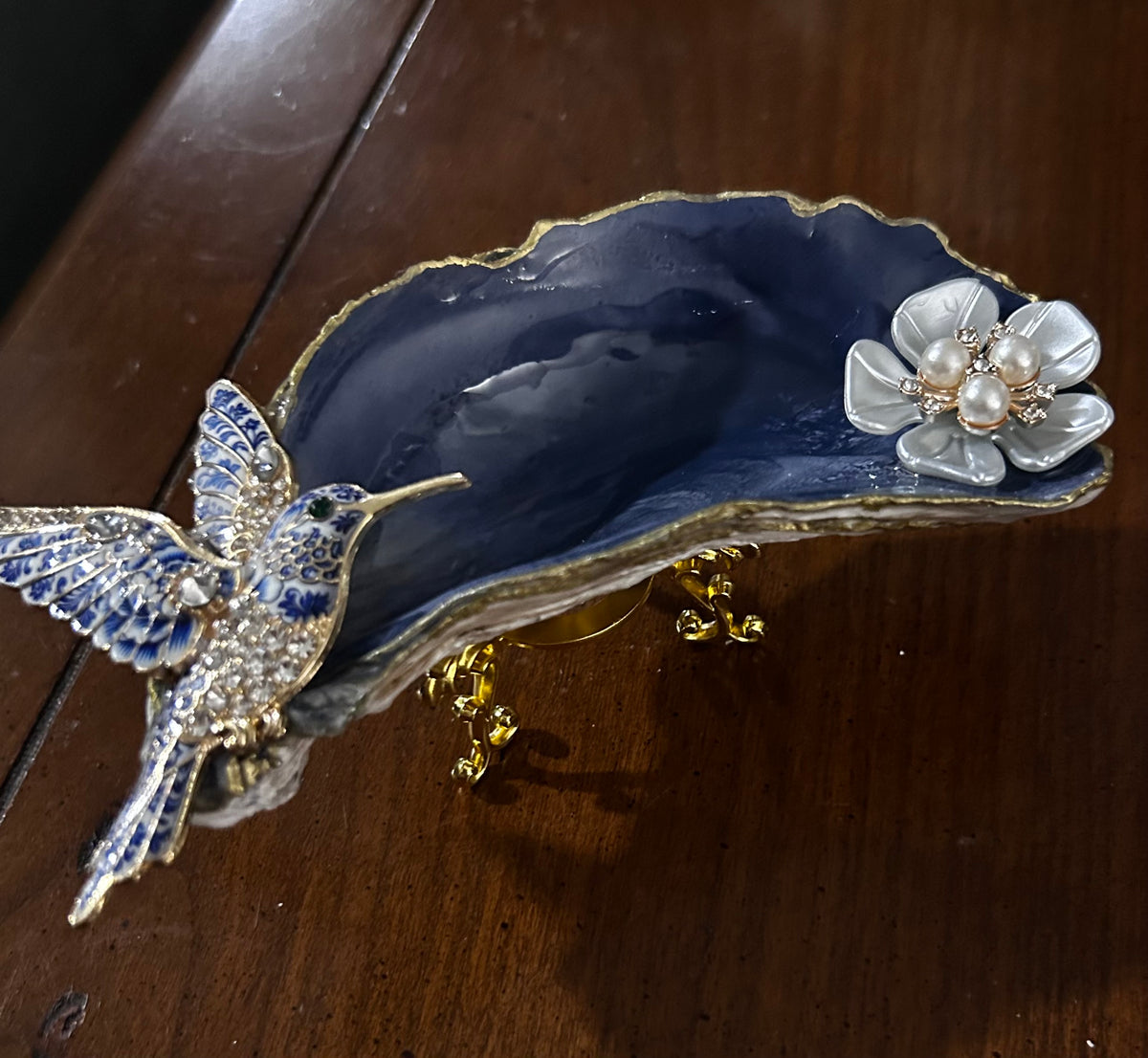 Blue Hummingbird — Highly Embellished Oyster Shell